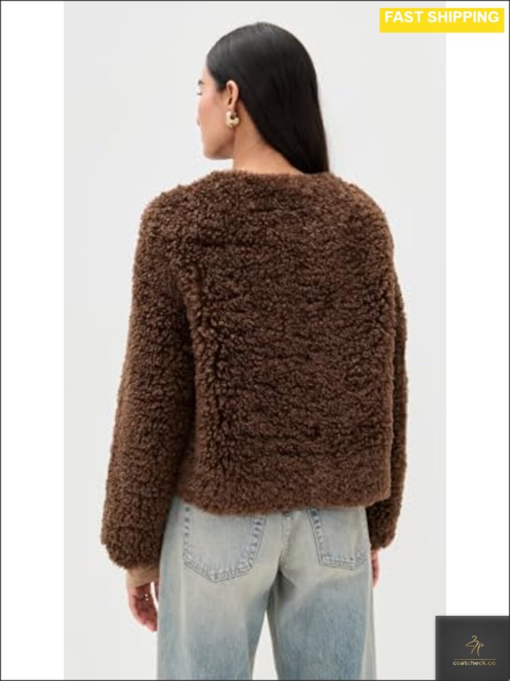 Faux Shearling Casual Jacket Faux Leather Trim Welt Pockets - Picture 3 of 5
